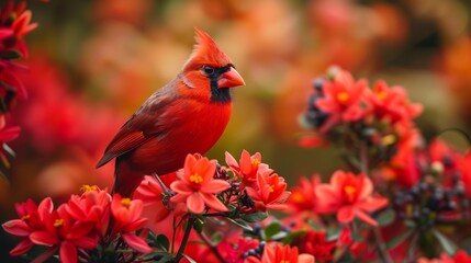 AI-generated illustration of a red bird perched on pink flowers