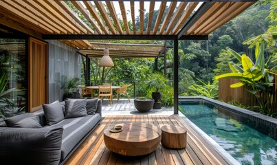 Fototapeta premium A wooden pergola and outdoor seating area with grey sofas, a natural wood table, a pool in the background