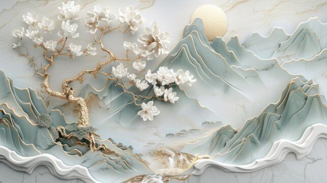 Fototapeta 3D wallpaper with a white tree and golden leaves, a marble background with a landscape.