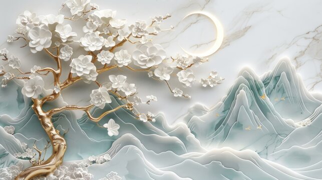 3D wallpaper with a white tree and golden leaves, a marble background with a landscape.
