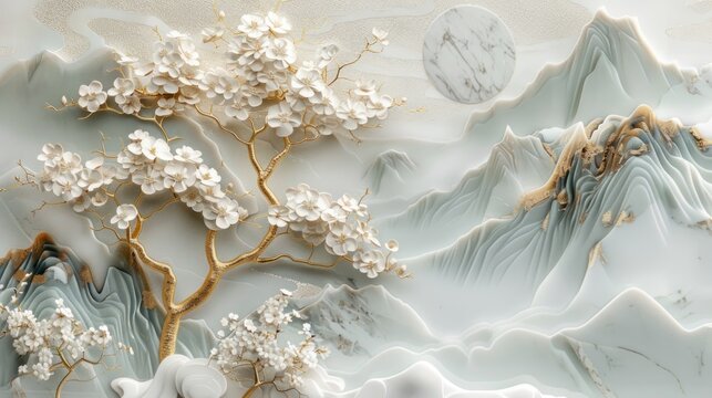 Fototapeta 3D wallpaper with a white tree and golden leaves, a marble background with a landscape.