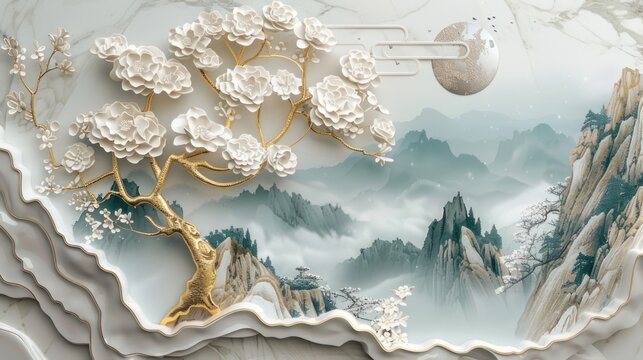 Fototapeta 3D wallpaper with a white tree and golden leaves, a marble background with a landscape.