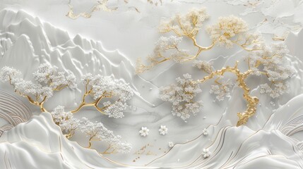 3D wallpaper with a white tree and golden leaves, a marble background with a landscape.