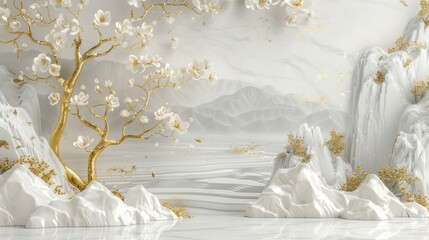 Fototapeta premium 3D wallpaper with a white tree and golden leaves, a marble background with a landscape.