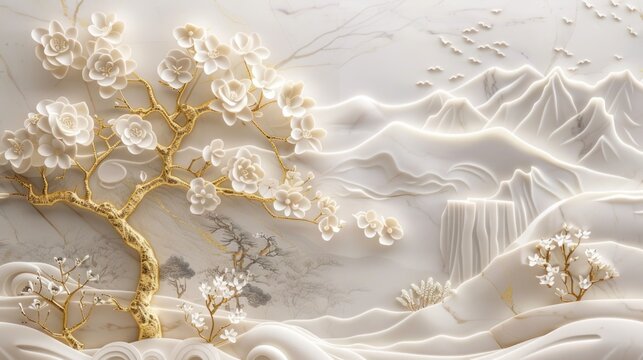 Fototapeta 3D wallpaper with a white tree and golden leaves, a marble background with a landscape.