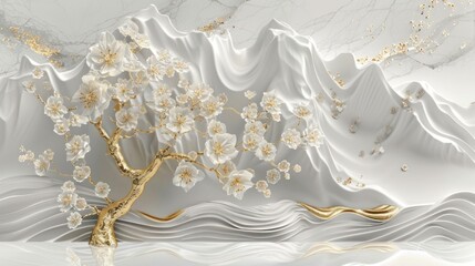 3D wallpaper with a white tree and golden leaves, a marble background with a landscape.