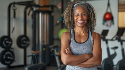 Middle-Aged Female Fitness Trainer Smiling Confidently at Gym, Promoting Healthy Lifestyle and Strength Training for All Ages