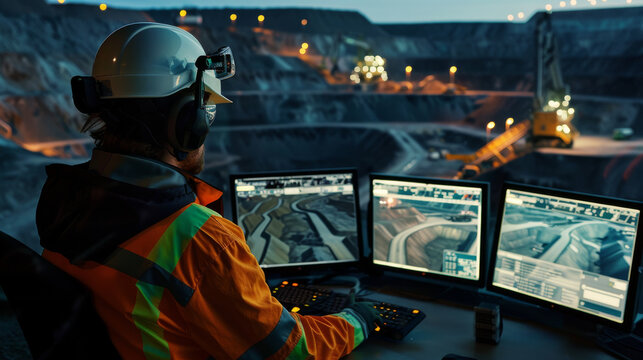 A mining operator oversees operations on multiple screens, showcasing the integration of technology and precision in modern mining in a lit, expansive quarry.
