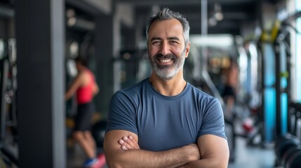 Fototapeta premium Confident Middle-Aged Fitness Trainer in Gym Setting, Promoting Wellness and Strength Training