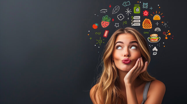 A beautiful woman striking a imagine, Thinking pose. She so excited, She stands against a dark grey background with backdrop many playful infographic icons related to traveling and eating,