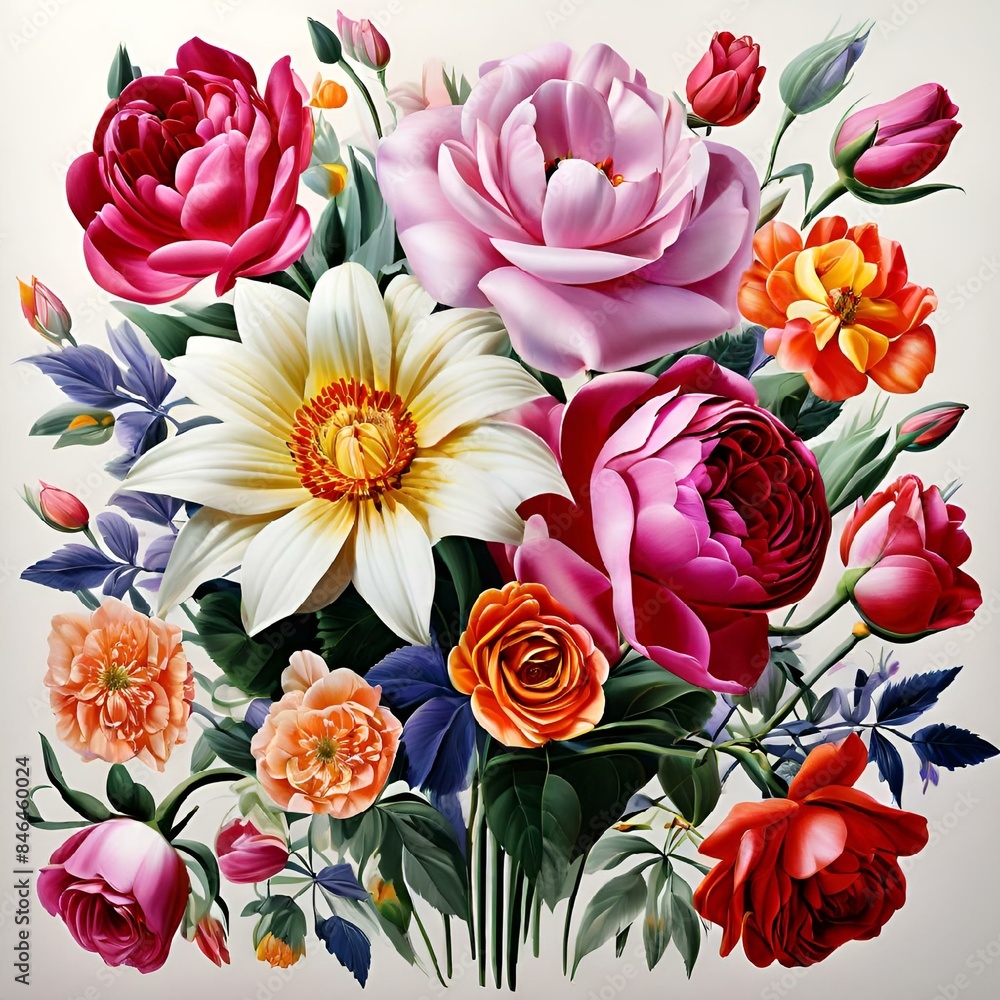 Sticker ai generated illustration of a central bouquet of lowers featuring roses tulips daisies