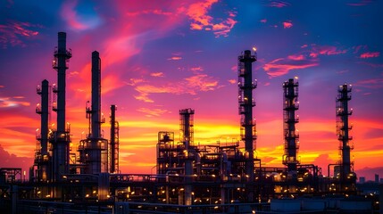 An industrial oil and gas plant at sunset with beautiful sky, with silhouettes of tall towers and structures in the background. by warm sunlight casting long shadows over the complex machinery.