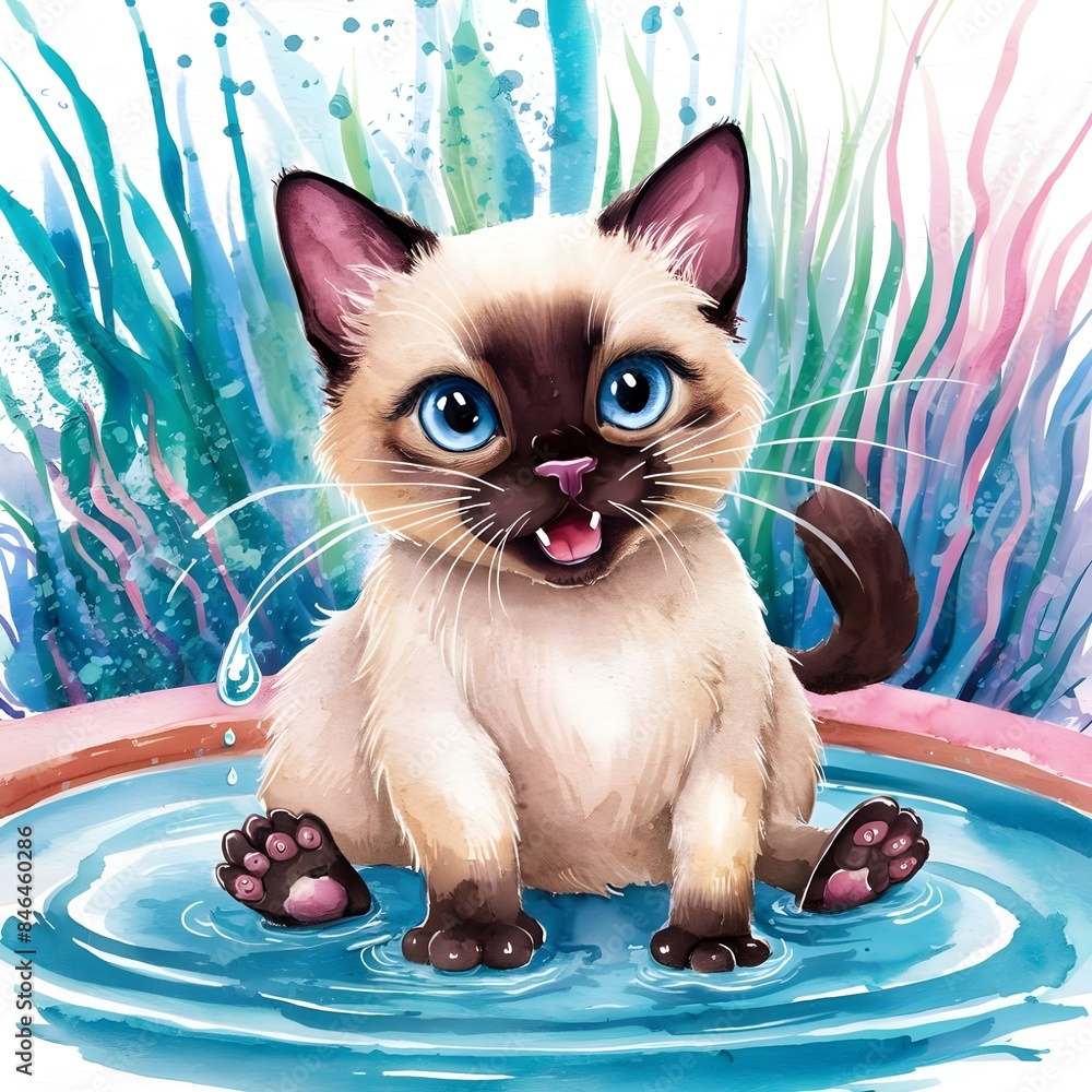 Wall mural AI generated illustration of a Baby Siamese cat sitting by the water