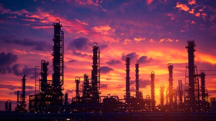 Fototapeta premium An industrial oil and gas plant at sunset with beautiful sky, with silhouettes of tall towers and structures in the background. by warm sunlight casting long shadows over the complex machinery.