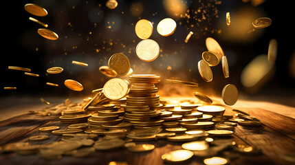 Stack of gold coins with bokeh background