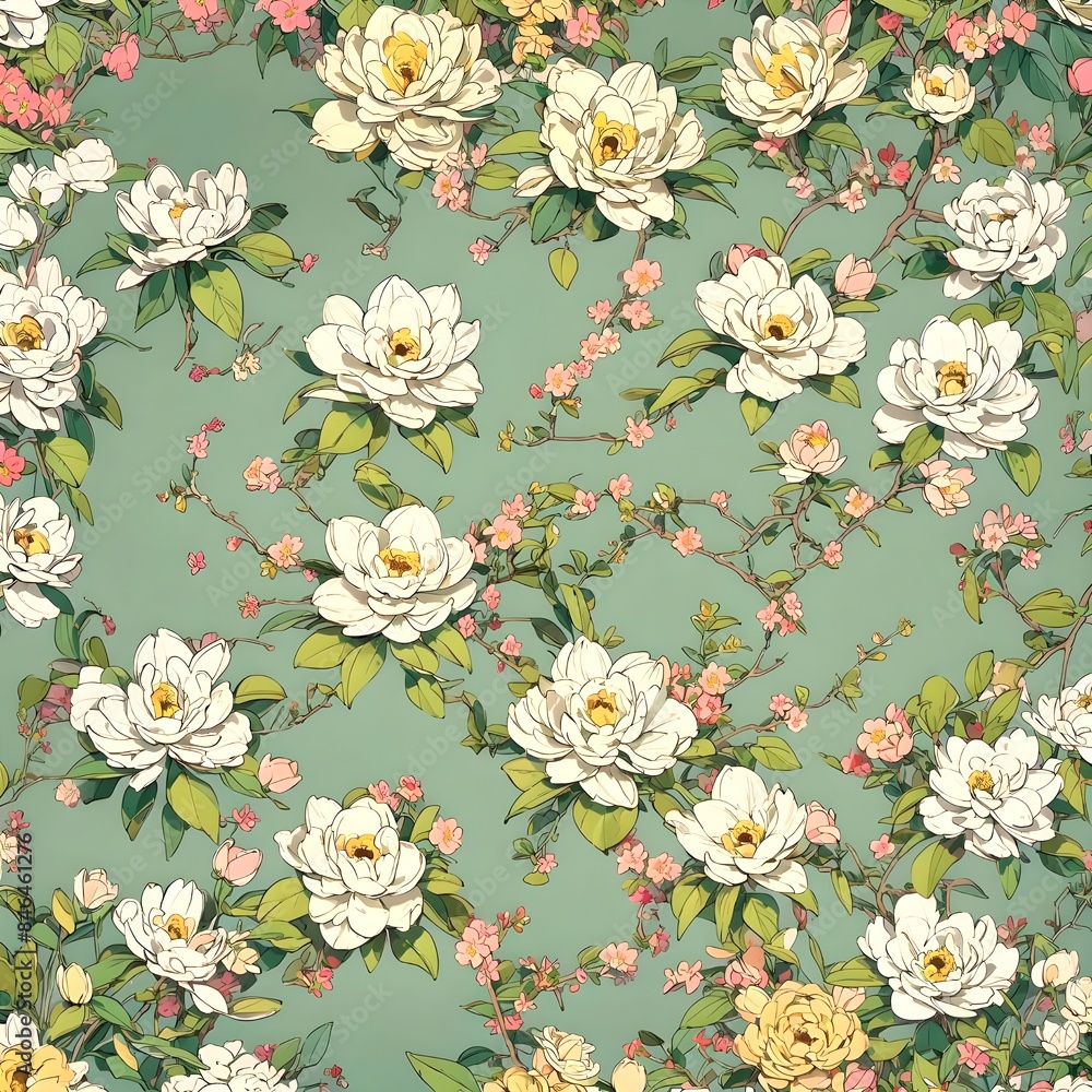 Sticker AI-generated illustration of Colorful flowers and leaves on green wallpaper