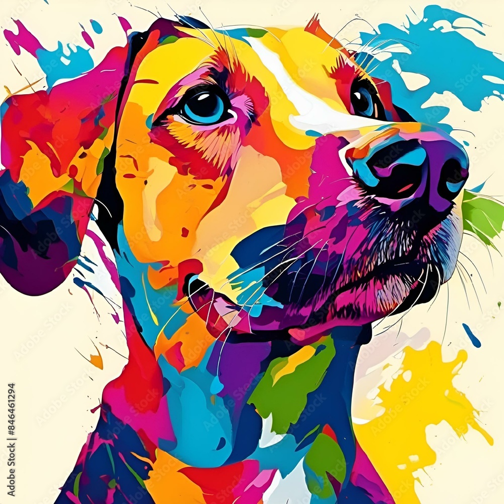 Poster a colorful dog portrait with a long nose on yellow background