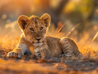 A lion cub lies on the ground, bathed in warm, golden sunlight, with a soft, blurred background.