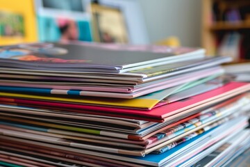 A close-up shot of a stack of colorful magazines showcasing fashion, beauty, and lifestyle trends neatly arranged on a table
