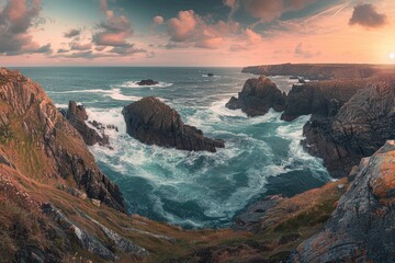 A breathtaking panoramic view of a rocky coastline at sunset, featuring crashing waves against the rugged cliffs and a vibrant sky - Powered by Adobe