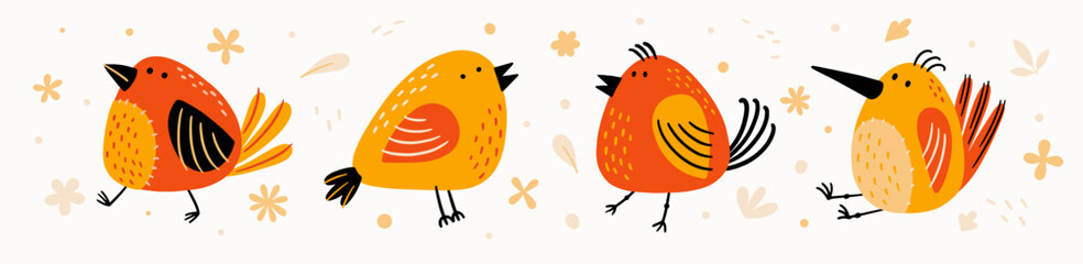 Four cute decorative birds among flowers. Сartoon сheerful birds. Funny inhabitants of the forest. Children's vector illustration on a light background.