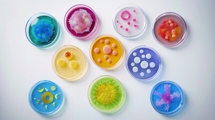 Fototapeta premium Petri dishes with a variety of vibrant, colorful substances fill the frame, showcasing the beauty of science and art combined.