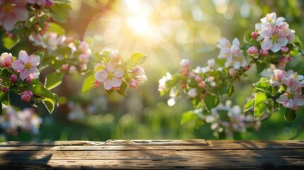 Spring background with a wooden table and apple blossoms in the garden.