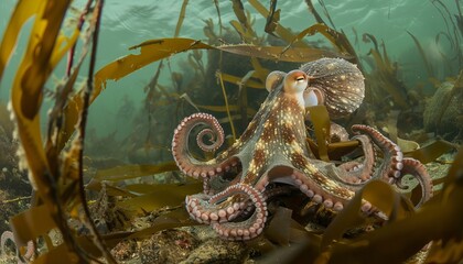 Obraz premium Masters of Disguise: The Common Octopus Blending In with Kelp on the Sea Floor