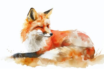 Create a watercolor painting of a red fox, the fox should be resting in a field of grass, make the background white, and ensure the fox is the focal point of the image.