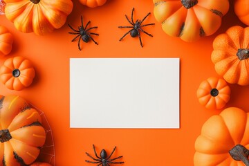 Obraz premium Blank white card surrounded by pumpkins and spiders on an orange background, perfect for Halloween greeting cards and invitations. Copy space. Flat lay. Top view