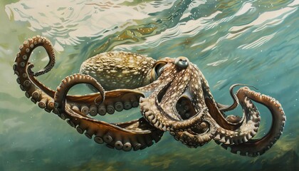 Fototapeta premium Gliding in the Shallows: The Common Octopus (Octopus vulgaris) in ar 7:4