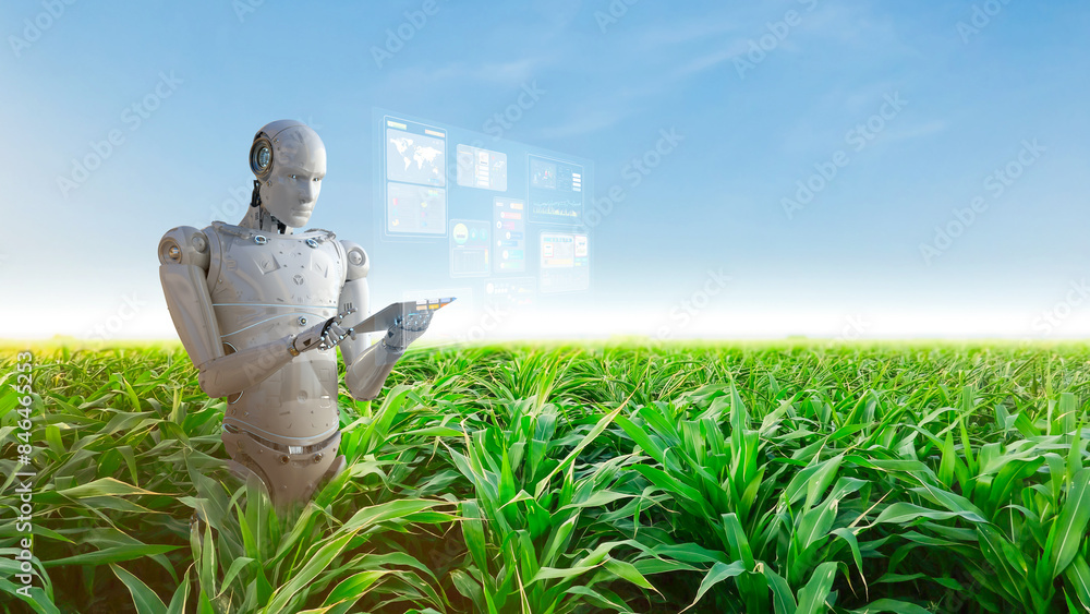 Poster agriculture technology concept with assistant robot with graphic display