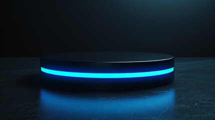 Modern black podium with glowing blue neon highlights, designed for product showcases, on a dark, sleek background