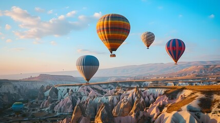 Fototapeta premium Hot air balloons fly over Botan Canyon in Turkey