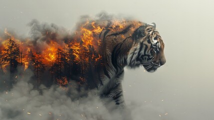 a tiger standing on top of a forest covered in fire