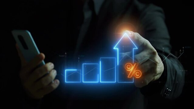 Profit high growth percent icon, stocks, financial, Interest rate and dividend concept. Businessman showing glowing neon line of graph and chart with percentage icon.