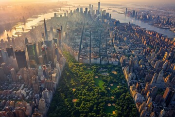 AI-generated illustration of the New York skyline with Central Park at sunset