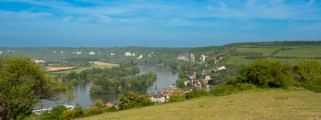 Panorama of the small village of Les Andelys in the Normandy Region of France along the Seine River