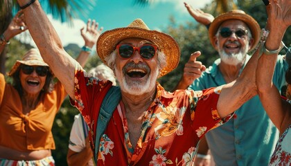 Joyful Seniors Celebrating under the Sun in Vibrant Tropical Attire - AI generated digital art