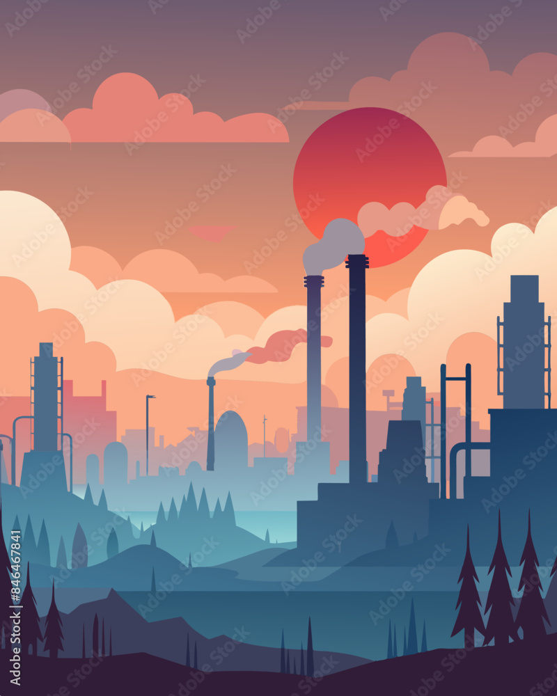 Aufkleber the hazy horizon obscured by the pollution from factories creating an artificial skyline in contrast