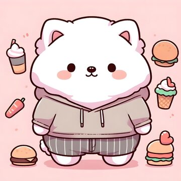 cute white dog wearing hoodie surrounded food clip art preview