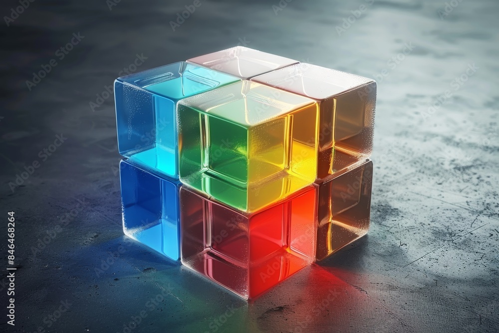 Poster transparent cube with rainbow light reflections, creating a modern and abstract display, perfect for