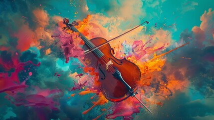 Fototapeta premium An artistic representation of a violin surrounded by explosive and vividly colored paint splatters