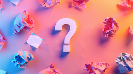 A giant white question mark surrounded by brightly colored crumpled papers, symbolizing curiosity and the process of brainstorming.