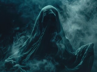Mysterious Hooded Figure in Dark Smoky Atmosphere - Eerie, Enigmatic, and Haunting Imagery for Horror, Fantasy, and Gothic Themes