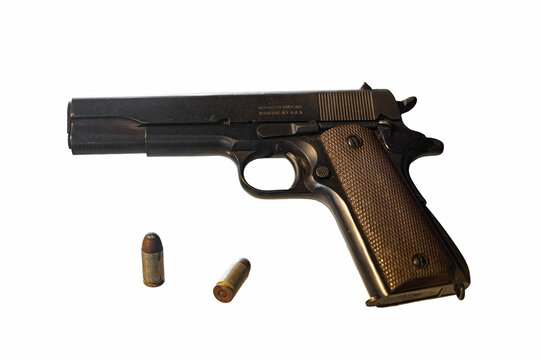 Remington Rand model M1919 A1 45 ACP caliber pistol on white background