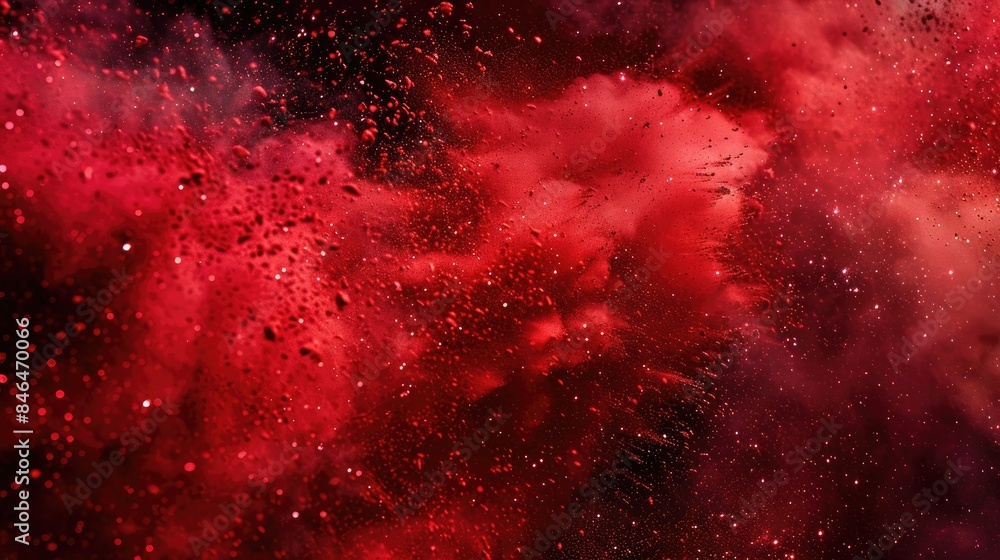 Poster red powder exploding on abstract background with multicolor glitter texture