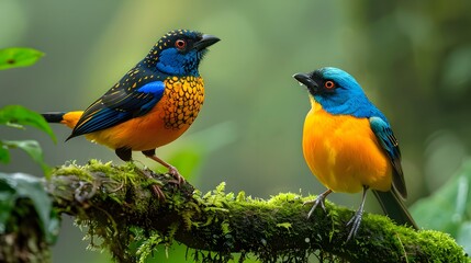 Fototapeta premium Two colorful birds perched on mossy branches, one of them with blue and orange feathers, against the backdrop of lush greenery, symbolizing nature's beauty.