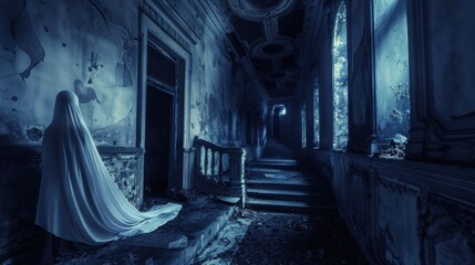 Eerie Abandoned Building with Ghostly Figure in Long White Cloth in Dark, Mysterious Hallway with Crumbling Walls and Stairs, Illuminated by Moonlight