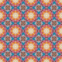 Seamless geometric pattern with vibrant colors and symmetrical shapes.